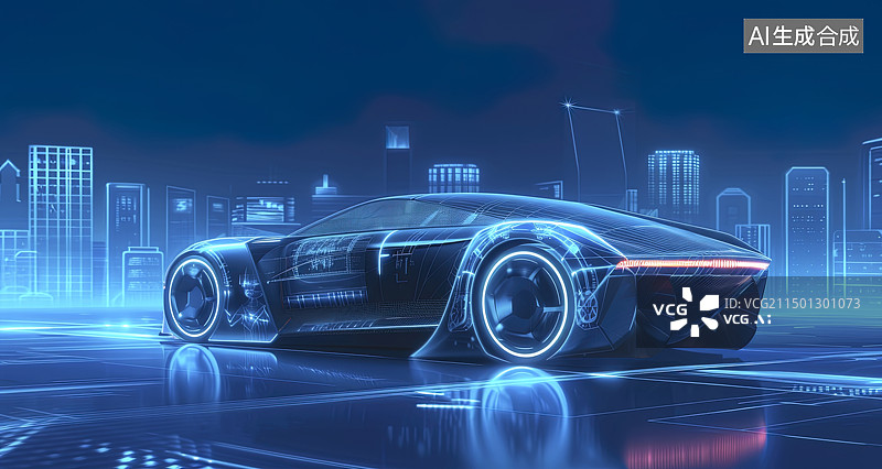 【AI数字艺术】新能源未来感汽车概念艺术蓝色背景，蓝色光线和发光线条图片素材