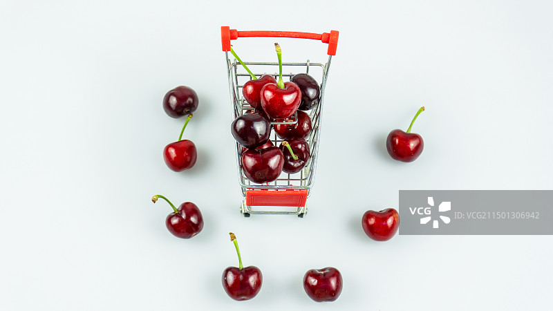 白色背景下购物车中的樱桃特写镜头图片素材