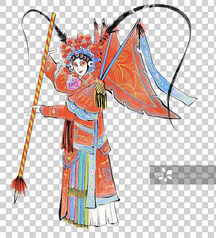 国风水墨画中国戏曲拿着花枪的武旦人物插画元素，豫剧穆桂英挂帅。图片素材