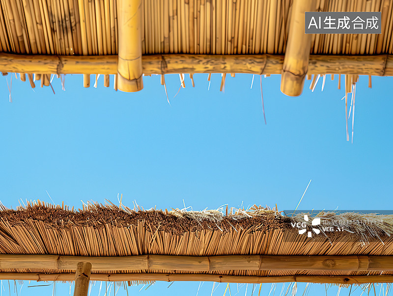 【AI数字艺术】晴朗蓝天下的阳伞俯视图图片素材