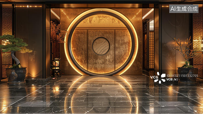 【AI数字艺术】金色圆形大门和汉白玉地板的中国风门廊图片素材