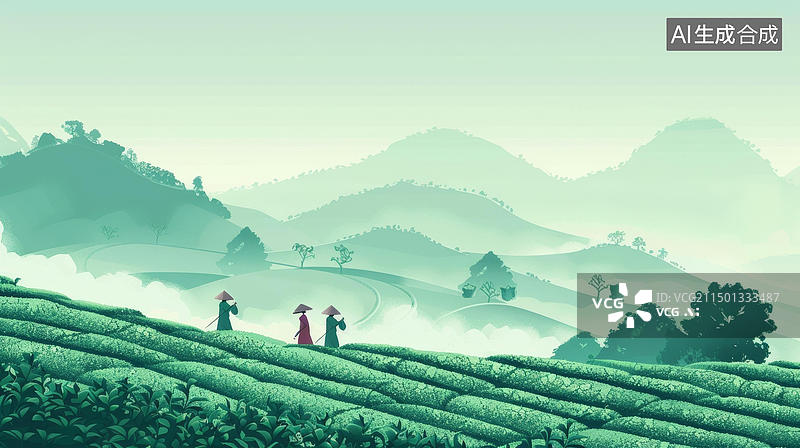 【AI数字艺术】越南农民在雾蒙蒙的早晨穿过一片郁郁葱葱的茶园图片素材