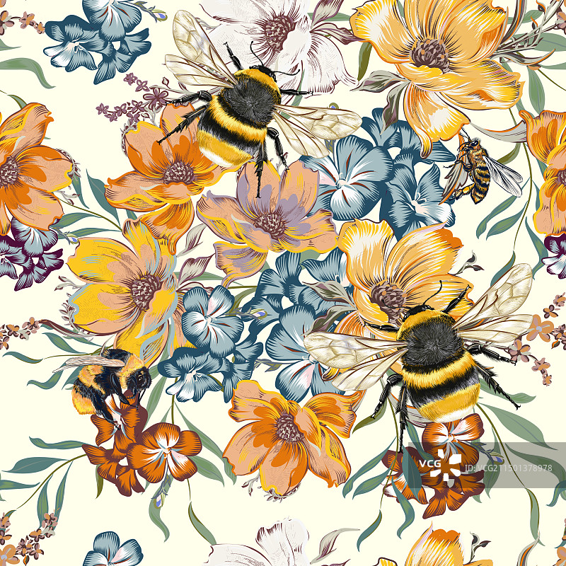 仲夏盛开的鲜花图案与大黄蜂图片素材