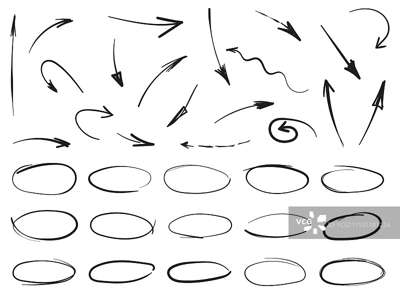 手绘圆形线条草图和箭头图标图片素材