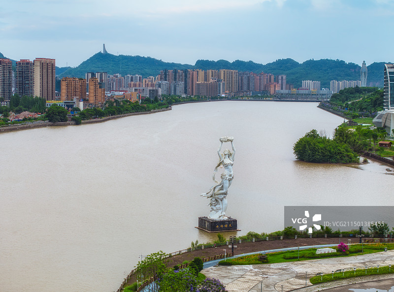 中国四川雅安熊猫绿岛公园女娲广场航拍图图片素材