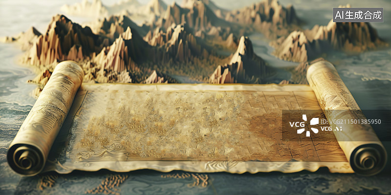 【AI数字艺术】中国风高山卷轴画卷图片素材