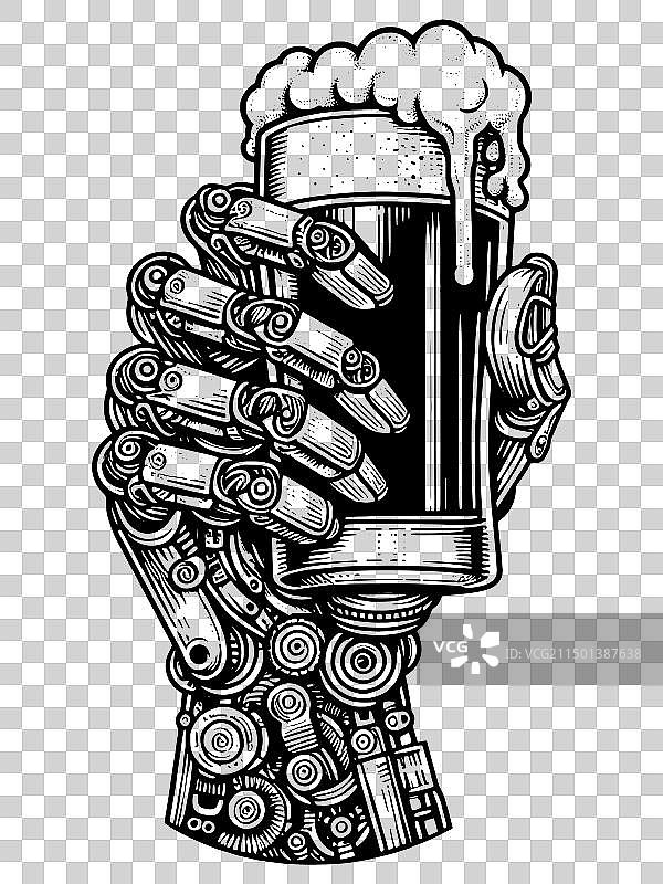 机械手臂拿着一杯啤酒素描图片素材