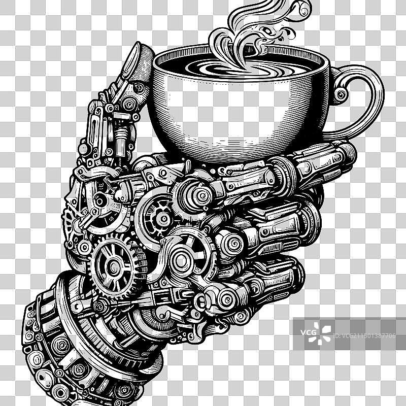 机械手臂托着玻璃咖啡杯草图图片素材