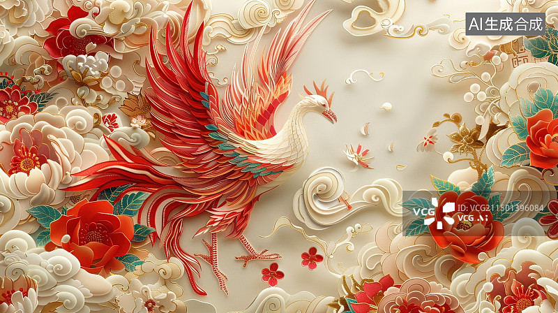 【AI数字艺术】剪纸风格中国凤凰元素插画图片素材