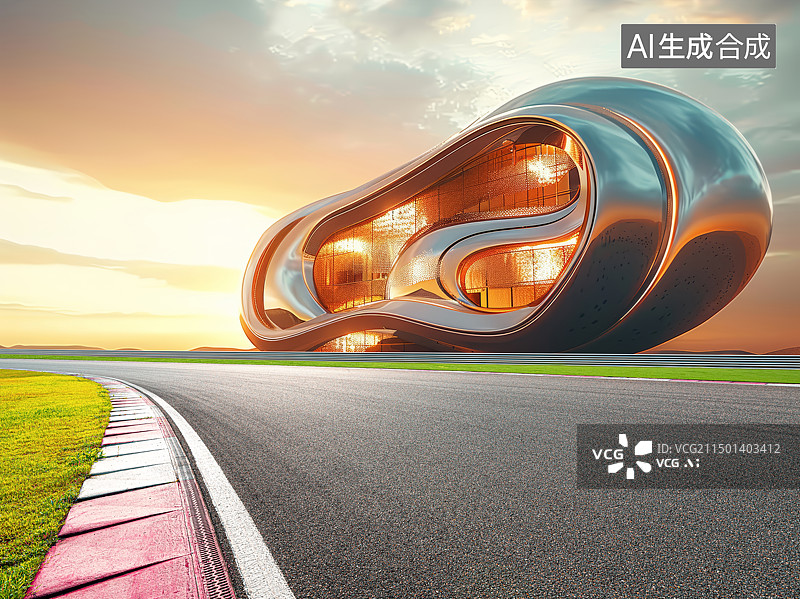 【AI数字艺术】金色金属灯光未来建筑与公路路面背景图片素材