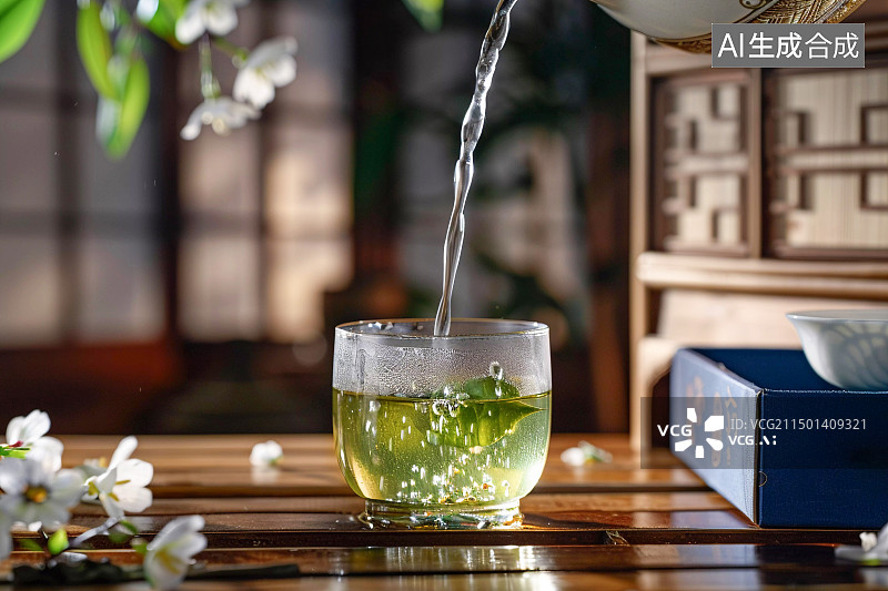 【AI数字艺术】玻璃杯里的绿茶图片素材