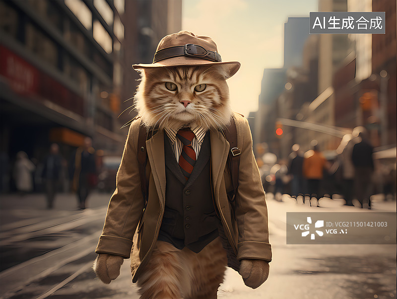 【AI数字艺术】穿着西装上班路上和坐在办公室里的猫图片素材