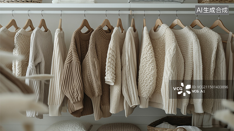 【AI数字艺术】衣杆上挂着中性颜色的毛衣图片素材