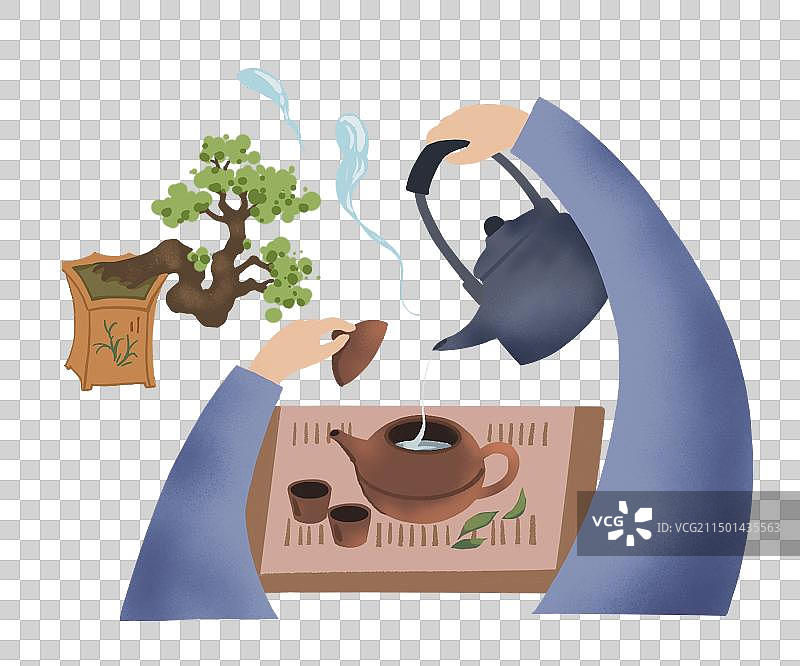 彩色卡通插画 喝茶休闲生活茶具茶道文化茶叶传统元素免扣图片素材