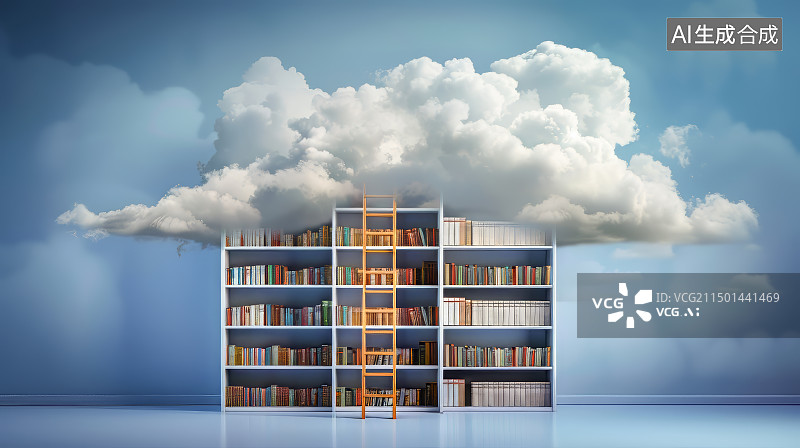 【AI数字艺术】云端的书架和梯子，知识教育概念图片素材