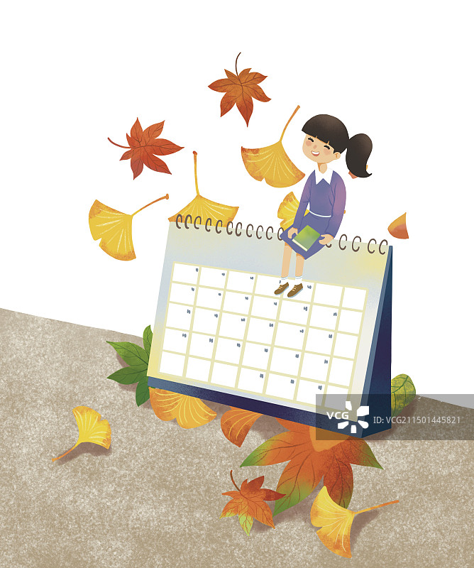 彩色卡通 插画 秋季季节台历时光收获麦穗谷穗苹果户外游玩公园枫叶黄色长椅插图扁平风图片素材