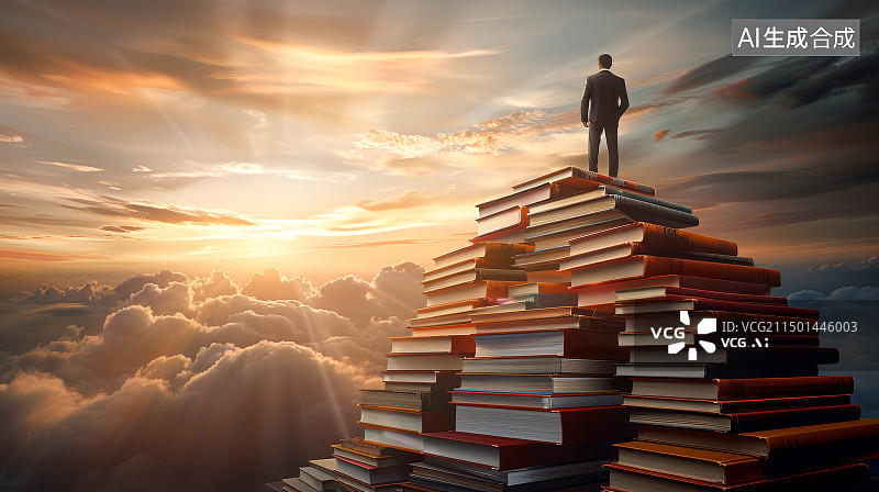 【AI数字艺术】日出，站在云端书籍上的成功人士图片素材