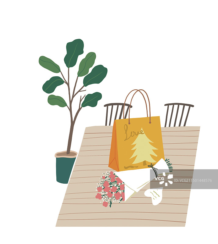 彩色卡通插画礼物爱心爱情关爱留言信便条送花郁金香幸福生活插图扁平风图片素材