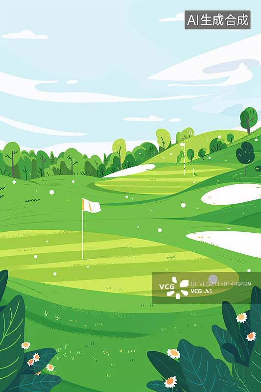 【AI数字艺术】扁平插画风格高尔夫球场坡地图片素材