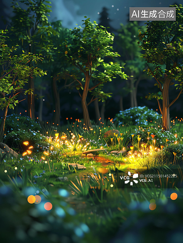 【AI数字艺术】夏季萤火虫草丛树林微距插画图片素材