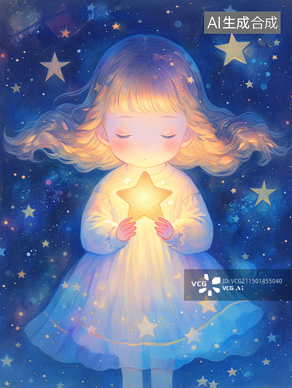 【AI数字艺术】儿童插画风格小女孩拿着星星图片素材