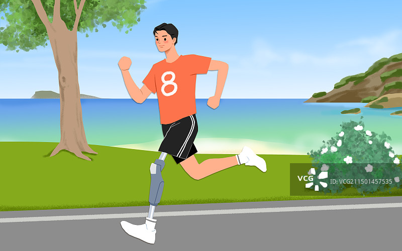 戴义肢的男子在海边奔跑图片素材