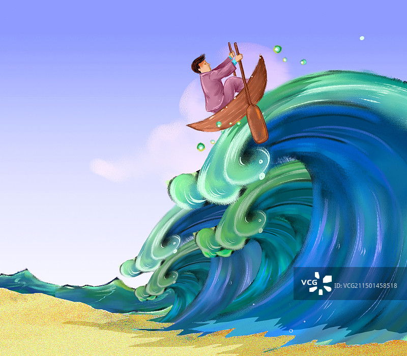 在巨大的海浪里奋力划船的商务男性图片素材