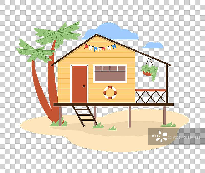 阳光明媚的棕榈树下海滩小屋图片素材