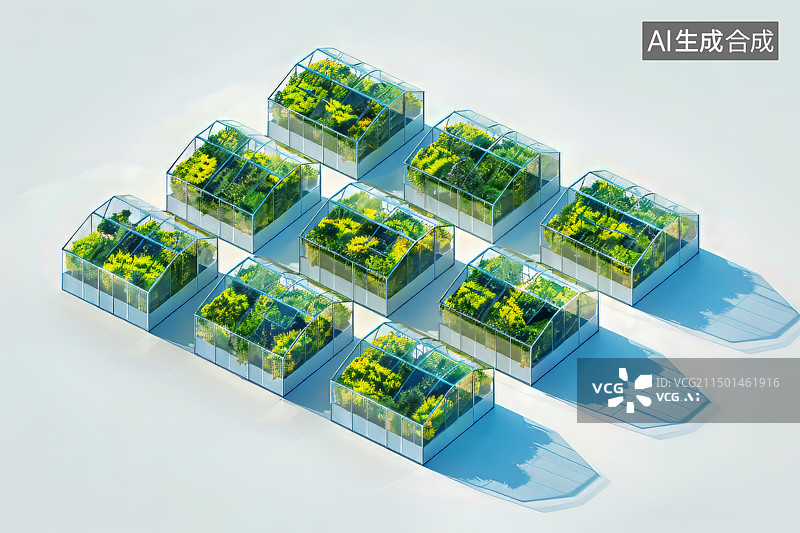 【AI数字艺术】白色背景，绿色玻璃房阳光房温室，现代农业种植概念图片素材