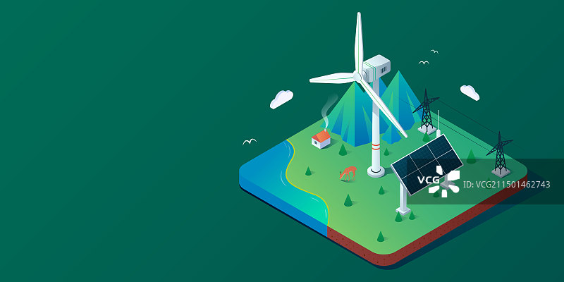 矢量绿色环保新能源风力太阳能发电插画图片素材