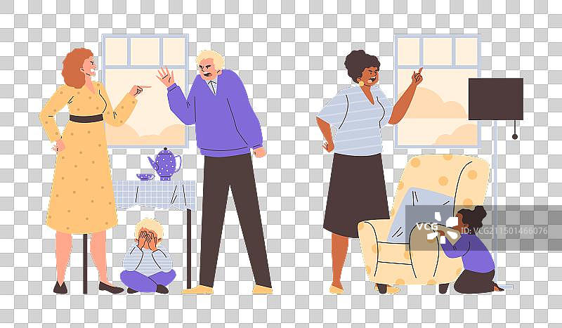 父母争吵，对孩子大喊大叫（扁平卡通）图片素材