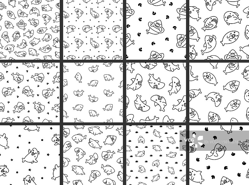 有趣的鲨鱼无缝图案着色页图片素材