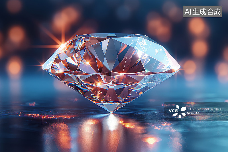 【AI数字艺术】蓝色背景，灯光下的钻石金刚石特写图片素材