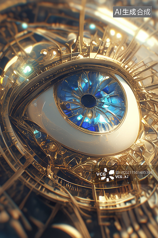 【AI数字艺术】奇幻科技未来巨大木框宝石电子眼3D立体插画图片素材