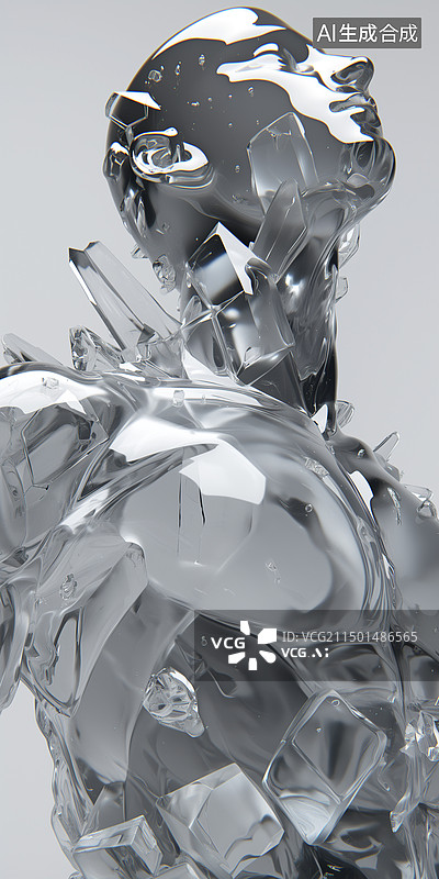 【AI数字艺术】科幻奇幻白色晶体冰雕有肌肉的男性模特3D立体插画图片素材