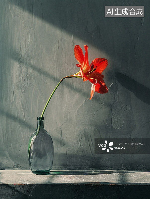 【AI数字艺术】清水混凝土风格产品展台，一个花瓶插着一束花图片素材