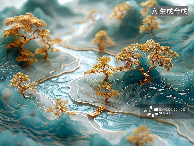 【AI数字艺术】3D中国风金色树木点缀的蓝色地形图图片素材