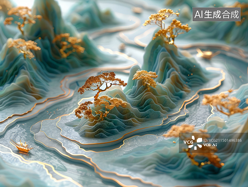 【AI数字艺术】3D中国风金色树木点缀的蓝色地形图图片素材
