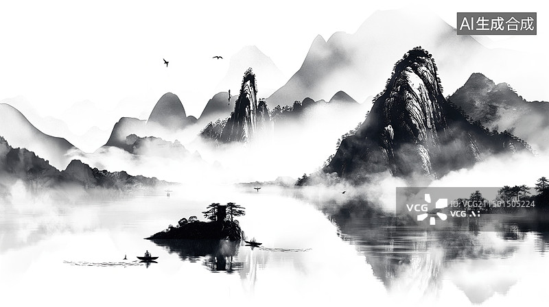 【AI数字艺术】中国黑白水墨画，雾蒙蒙的湖面上的山水和小船图片素材