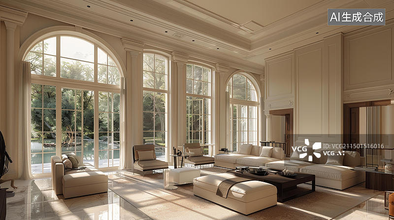 【AI数字艺术】舒适敞亮的拱形落地窗客厅图片素材