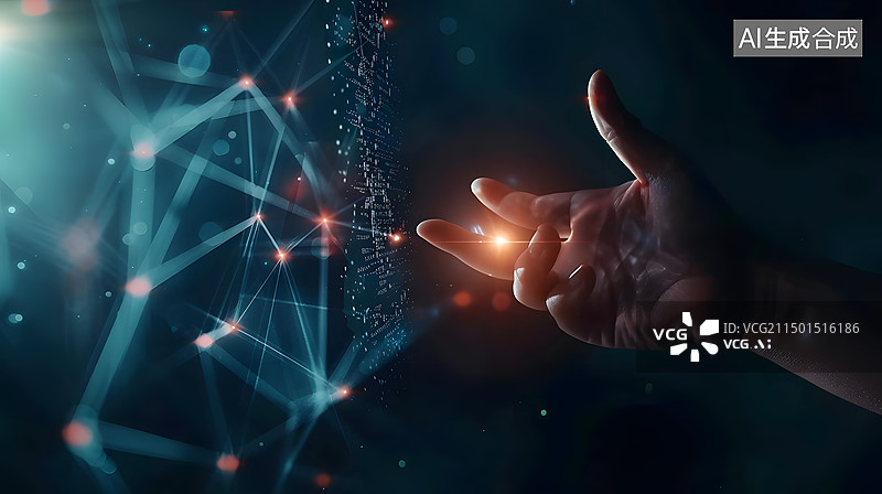 【AI数字艺术】手指触碰点亮数字化网络科技概念图图片素材