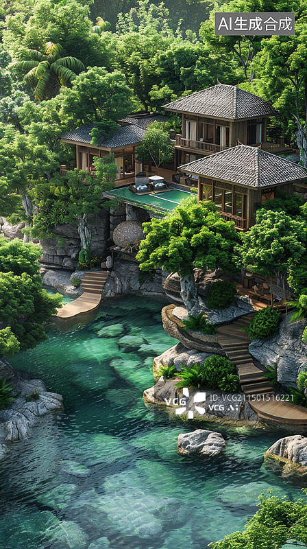 【AI数字艺术】热带雨林中的隐逸豪宅图片素材