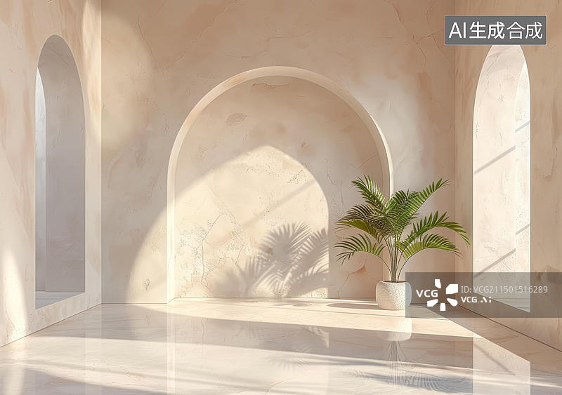 【AI数字艺术】在阳光和阴影下，棕榈盆栽植物立于拱形墙前图片素材