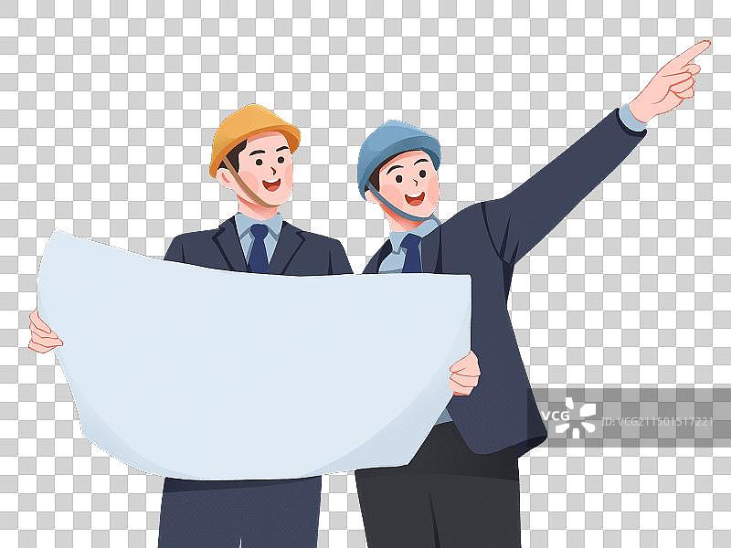 两个戴着安全帽的工程师在讨论施工图手绘插画元素图片素材