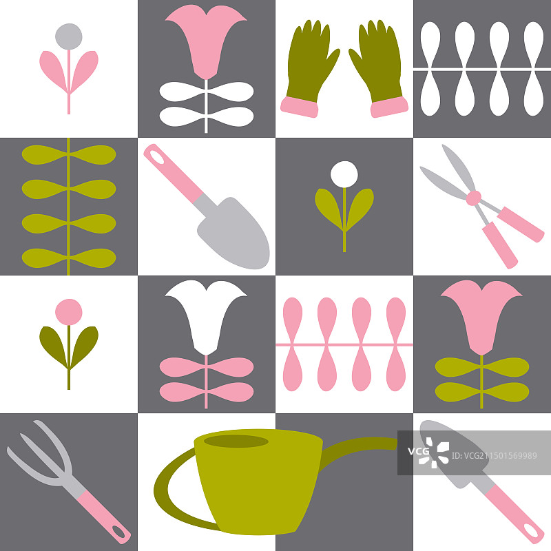 夏季园艺工具水壶和郁金香图片素材