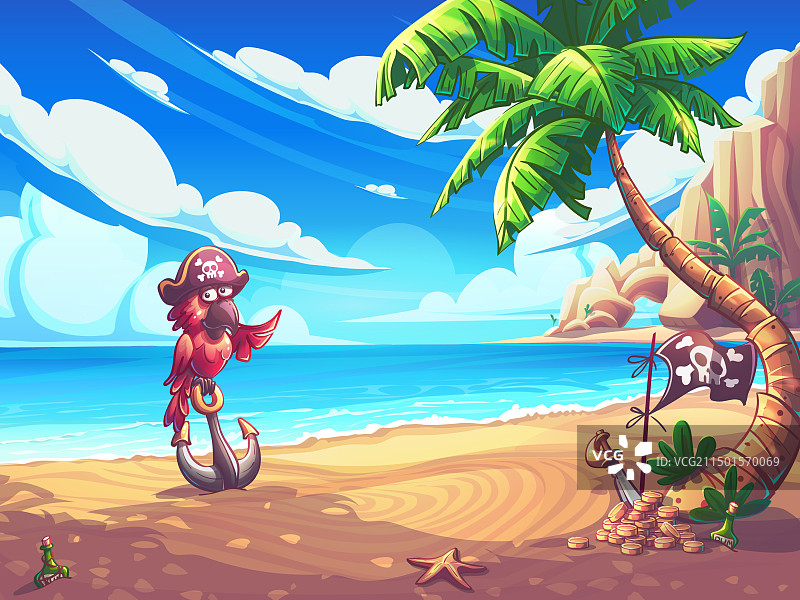 卡通海景与戴海盗帽的鹦鹉图片素材