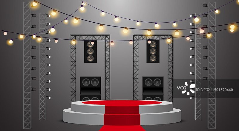 白色舞台和桁架系统上的悬挂灯图片素材