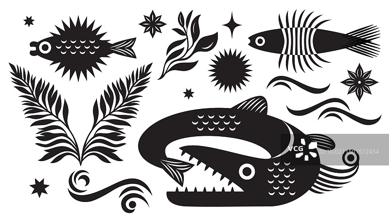 黑白抽象风格化鱼图片素材