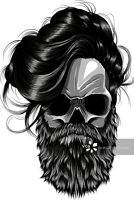 带胡子和胡须的单色骷髅嬉皮士图片素材