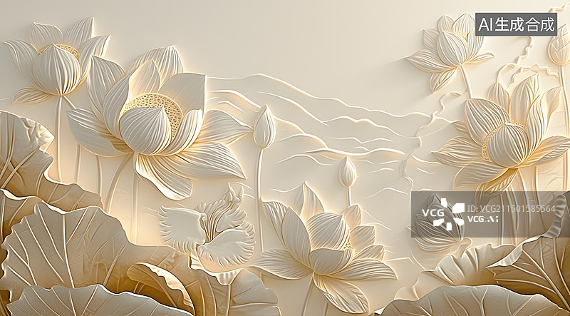 【AI数字艺术】3D立体荷花荷叶主视觉场景图片素材